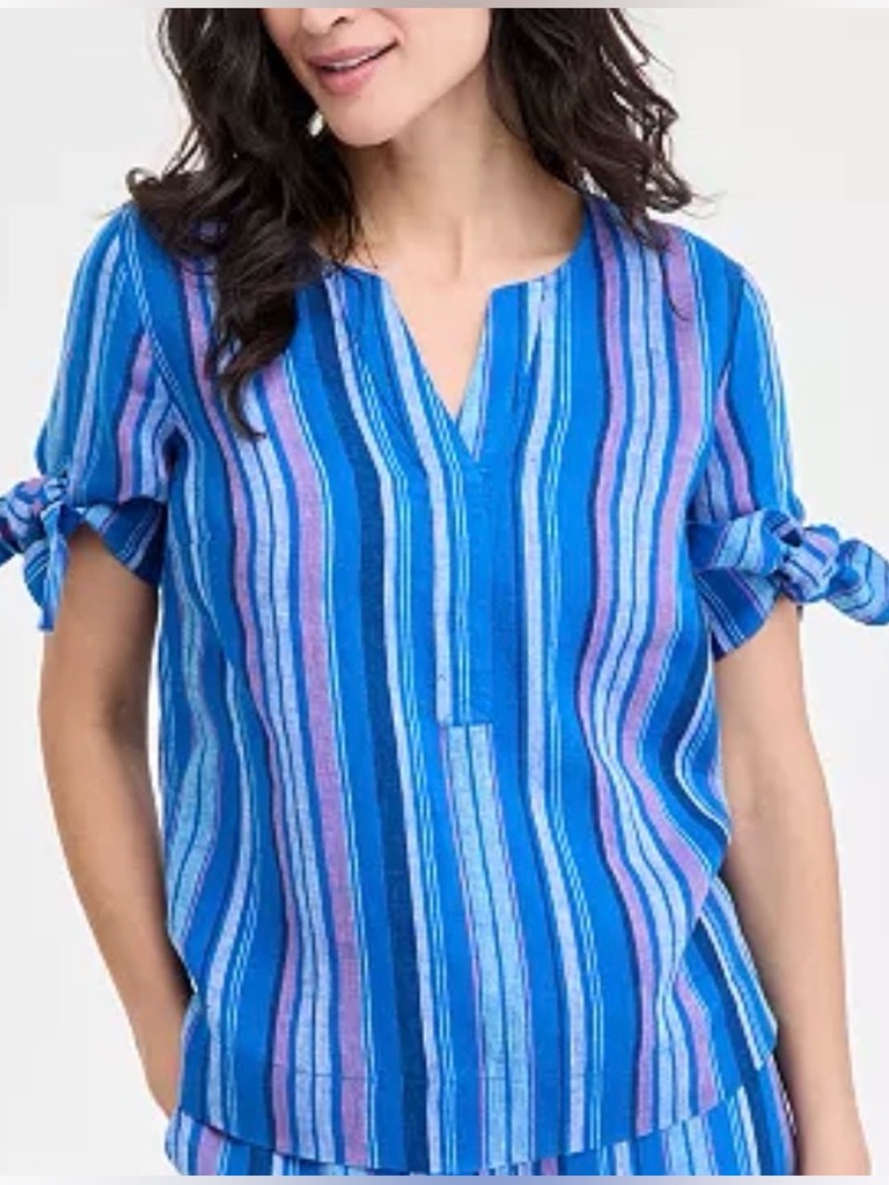 Charter Club Striped Blouse Size L 100% Linen Tied-Sleeve Blue Purple V-Neck